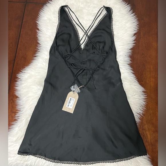 NWT Meshki Size S Amiri Satin Mini Dress With Lace Black Open Back - Picture 10 of 16